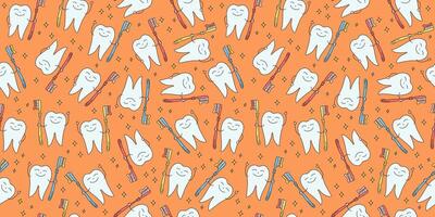 tandheelkunde patroon. tand met een tandenborstel in hand. poetsen tanden, mondeling hygiëne. glimmend gezond gelukkig wit tand. sterren. tekening stijl. grafiek. naadloos achtergrond. vector