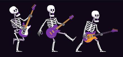 skelet met een elektrisch gitaar Toneelstukken rots muziek- vector