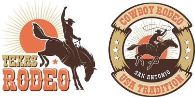 rodeo retro logo met cowboy paard rijder silhouet vector