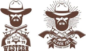 cowboy gebaard in hoed met gekruiste geweren retro logo vector