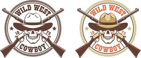 schedel cowboy met geweren - wijnoogst wild west embleem vector