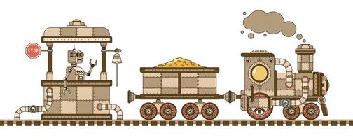 steampunk retro trein met een goud wagen, station en robot. illustratie. vector