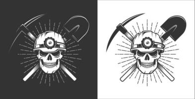 mijnwerker logo in retro stijl. schedel in een mijnbouw helm vector