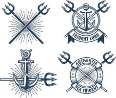 wijnoogst hipster marine tatoeëren logos met drietanden linten en ankers vector