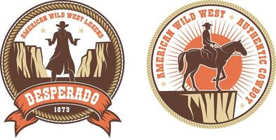 western Amerikaans logo met cowboy bandiet en paard rijder vector