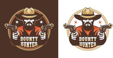 gebaard cowboy met geweren - wijnoogst wild west embleem vector