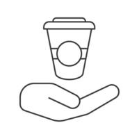 open hand met papieren beker lineaire pictogram. gratis koffie, thee to go. dunne lijn illustratie. hete drankjes. contour symbool. vector geïsoleerde overzichtstekening