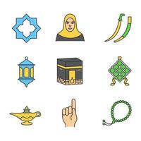 islamitische cultuur lineaire pictogrammen instellen. islamitische ster, moslimvrouw, kromzwaard, lantaarn, kaaba, ketupat, olielamp, godsgebaar, misbaha. dunne lijn overzichtssymbolen op kleur cirkels. vectorillustraties vector