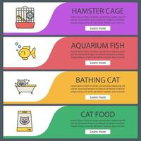 huisdieren levert webbannersjablonen set. hamsterkooi, aquariumvissen, verzorging, kattenvoer. website kleur menu-items. ontwerpconcepten voor vectorkoppen vector