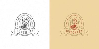 slager winkel logo illustratie chef Holding vlees silhouet mooi zo voor boer of restaurant insigne vector