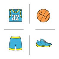 basketbal gekleurde pictogrammen instellen. bal, schoen, t-shirt, korte broek. uniform van een basketbalspeler. geïsoleerde vectorillustraties vector