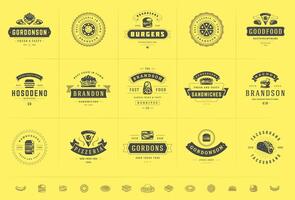 snel voedsel logos reeks illustratie mooi zo voor pizzeria of hamburger winkel en restaurant menu badges met voedsel silhouet vector