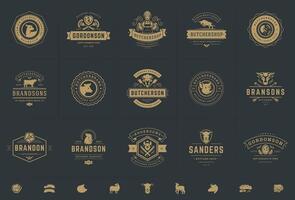 slager winkel logos reeks illustratie mooi zo voor boerderij of restaurant badges met dieren en vlees silhouetten vector