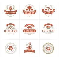 slager winkel logos reeks illustratie mooi zo voor boerderij of restaurant badges met dieren en vlees silhouetten vector