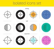 abstracte symbolen pictogrammen instellen. lineaire, zwarte en kleurstijlen. richten, uitbreiding, halve symbolen. wetenschap en zakelijke gerelateerde pictogrammen. geïsoleerde vectorillustraties vector