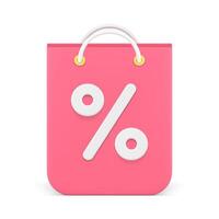 uitverkoop korting percentage prijs uit roze papier boodschappen doen zak handvatten voorkant visie 3d icoon vector