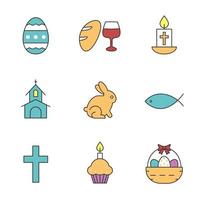 Pasen kleur pictogrammen instellen. brood en wijn, kaars, vis, kerk, paasei, cake met kaars, konijn, mand, kruis. geïsoleerde vectorillustraties vector