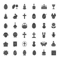 Pasen glyph pictogrammen instellen. 16 april silhouet symbolen. paaseieren, konijn, lam, kip, cake, heilige bijbel, christelijk kruisbeeld, kerk, vlinder, kaarsen, kalender. vector geïsoleerde illustratie