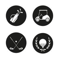 golfkampioenschap pictogrammen instellen. bal in lauwerkrans, gekruiste clubs, kar en tas. vector witte silhouetten illustraties in zwarte cirkels