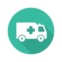 ambulance platte ontwerp lange schaduw pictogram. nood auto. vector silhouet symbool
