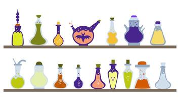 halloween decor. schappen van een oud alchemistisch laboratorium met wijnoogst chemisch kolven. illustratie is hand getekend in een vlak tekening stijl. vector