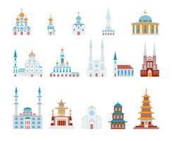 reeks van religieus gebouwen van de wereld kerken Katholiek en christen moskee pagode boeddhistisch illustraties in vlak tekenfilm stijl geïsoleerd Aan wit achtergrond vector