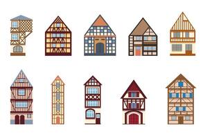 reeks van knus vakwerk huizen geïsoleerd Aan een wit achtergrond verzameling van oud Duitse en Frans huizen illustratie in een vlak tekenfilm stijl vector