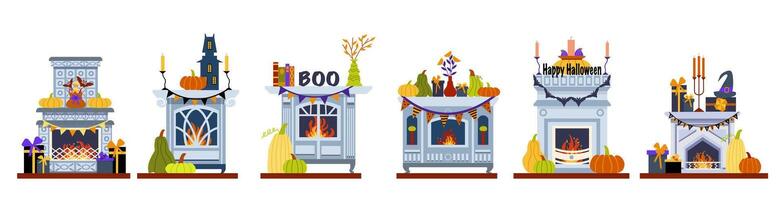 halloween-stijl interieur. verzameling van knus open haarden versierd voor de herfst halloween vakantie. illustratie in een vlak tekenfilm stijl. vector