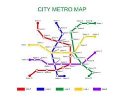 stad metro kaart sjabloon. metro plan met 5 gekleurde manier lijnen met stations. infographic diagram van openbaar snel vervoer netwerk vector