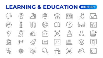 onderwijs aan het leren dun lijn set. terug naar school- icoon reeks met verschillend pictogrammen verwant naar opleiding, succes, academisch onderwerpen, en meer. opleiding, school, bewerkbare beroerte pictogrammen. vector