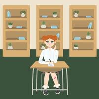 schattig meisje met rood haar- zittend Bij een school- bureau in school- klasse met 3 kleerkasten met boeken. terug naar school- editie. vlak vector