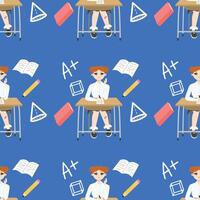 naadloos patroon schattig meisje met rood haar- zittend Bij een school- bureau in de buurt boek potlood. terug naar school- editie. vlak . achtergrond blauw vector
