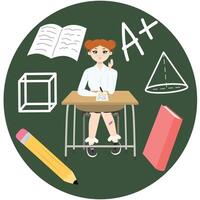 schattig meisje met rood haar- zittend Bij een school- bureau in de buurt boek, potlood, markering. terug naar school- editie. vlak . achtergrond groen cirkel vector