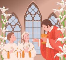 kinderen in de kerk gedurende de eerste gemeenschap. de priester is Holding brood. een ceremonie in de christen traditie, een lid van de kerk ontvangt de Eucharistie. vector