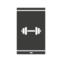 smartphone fitness app glyph icoon. silhouet symbool. slimme telefoon met gym barbell. negatieve ruimte. vector geïsoleerde illustratie