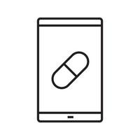 smartphone medische app lineaire pictogram. dunne lijn illustratie. slimme telefoon met pil. mobiele apotheek winkel contour symbool. vector geïsoleerde overzichtstekening