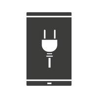 smartphone opladen glyph-pictogram. silhouet symbool. slimme telefoon met elektrische stekker. negatieve ruimte. vector geïsoleerde illustratie