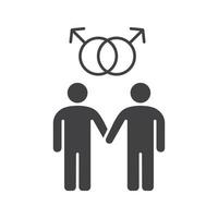 homo paar glyph icoon. twee mannen hand in hand silhouet symbool. homoseksuele jongens met in elkaar grijpende mars-tekens hierboven. negatieve ruimte. vector geïsoleerde illustratie