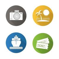 reizen en toerisme platte ontwerp lange schaduw iconen set. tropisch eiland met palm- en zeegolven, fotocamera, cruiseschip, reiskaartjes. vector silhouet illustratie