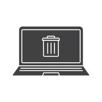 laptop Prullenbak glyph icoon. silhouet symbool. laptop met prullenbak. negatieve ruimte. vector geïsoleerde illustratie