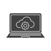 laptop cloud computing glyph-pictogram. silhouet symbool. notebook met instellingen voor cloudopslag. negatieve ruimte. vector geïsoleerde illustratie