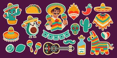 cinco de mayo sticker set, mei 5, federaal vakantie in Mexico. feest banier en poster ontwerp met vlaggen, decoraties vector