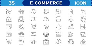 e-commerce reeks van web pictogrammen in lijn stijl. .online boodschappen doen pictogrammen voor web en mobiel app. .bedrijf, bank kaart, .cadeaus, uitverkoop, levering. vector