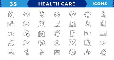 geneeskunde en Gezondheid symbolen pixel perfect lijn pictogrammen set. vector