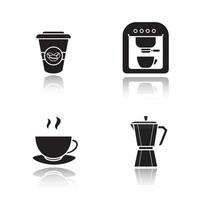 koffie slagschaduw zwarte pictogrammen instellen. moderne en klassieke koffiezetapparaten, wegwerp- en dampende kopjes. geïsoleerde vectorillustraties vector