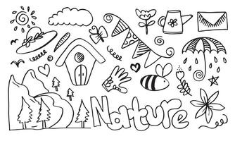 creatief kunst doodles hand- getrokken ontwerp illustratie met tekst natuur met hand- getrokken heuvels, vogels, bladeren, wolken, water en andere elementen. web banier voor andere elementen van natuur. vector