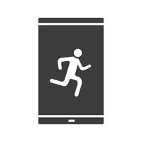 smartphone sport app glyph icoon. silhouet symbool. slimme telefoon met het pictogram van de lopende man. negatieve ruimte. vector geïsoleerde illustratie