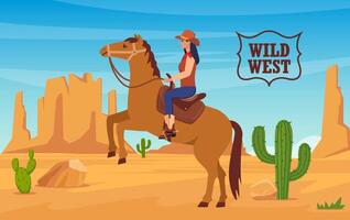 woestijn landschap met vrouw cowboy Aan paard, bergen, cactussen. wild west Texas in vlak stijl. western tafereel. wild west Arizona. vector