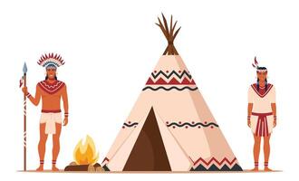 inheems Amerikaans indianen in traditioneel etnisch kleren met veren in hun hoofd staand in de buurt tipi of wigwam. Amerikaans indianen paar in traditioneel nationaal kostuums. vector
