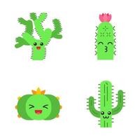cactussen platte ontwerp lange schaduw kleur iconen set. planten met lachende gezichten. lachende peyote-cactus, teddybeer cholla. kussende egel wilde cactussen. succulente planten. vector silhouet illustraties